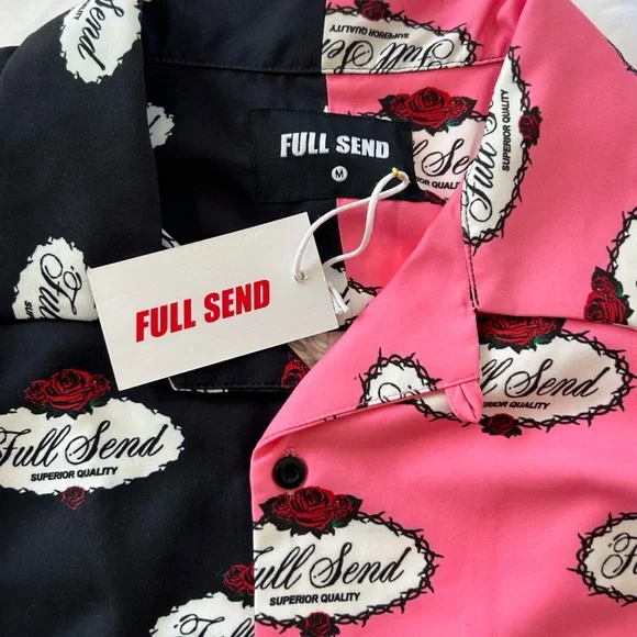 Full Send Nelk Boys Split Rose Logo Shirt Pink Black Button Up Size Medium NWT - Picture 10 of 12